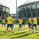 Brasilíska landsliðið í gulum treyjum æfir fyrir heimsmeistaramótið 2026