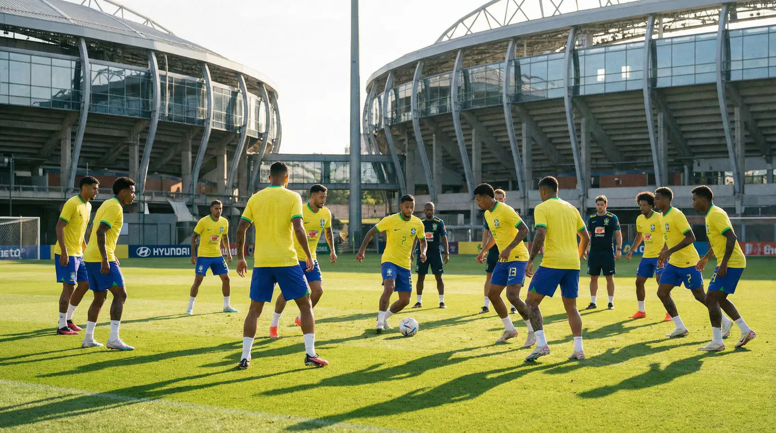 Brasilíska landsliðið í gulum treyjum æfir fyrir heimsmeistaramótið 2026
