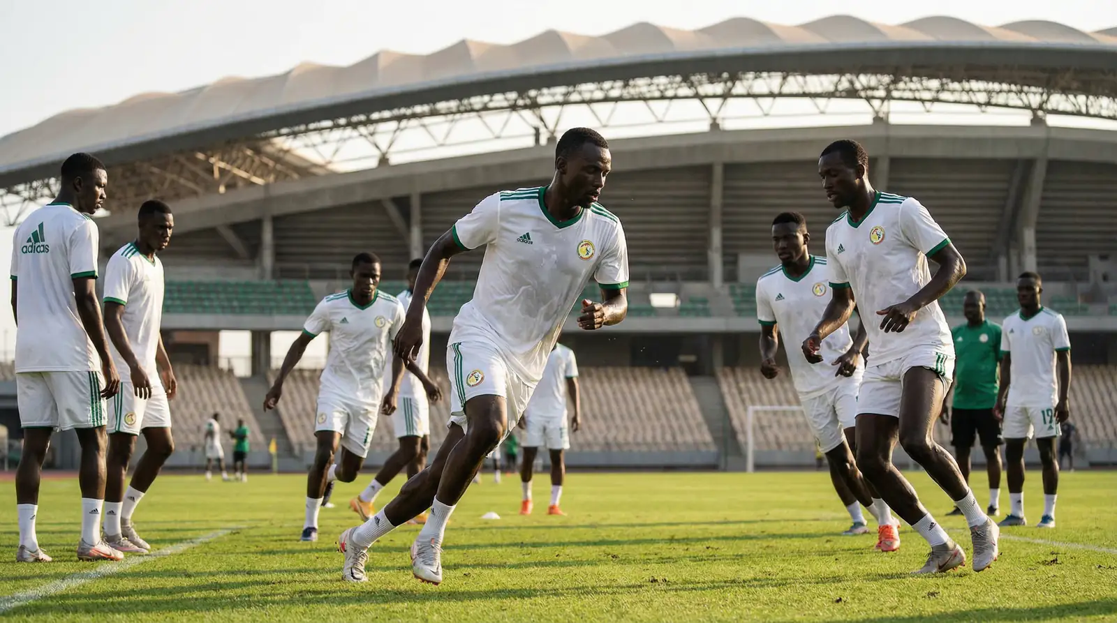 Senegalskt landsliðið í hvítum treyjum æfir fyrir heimsmeistaramót 2026