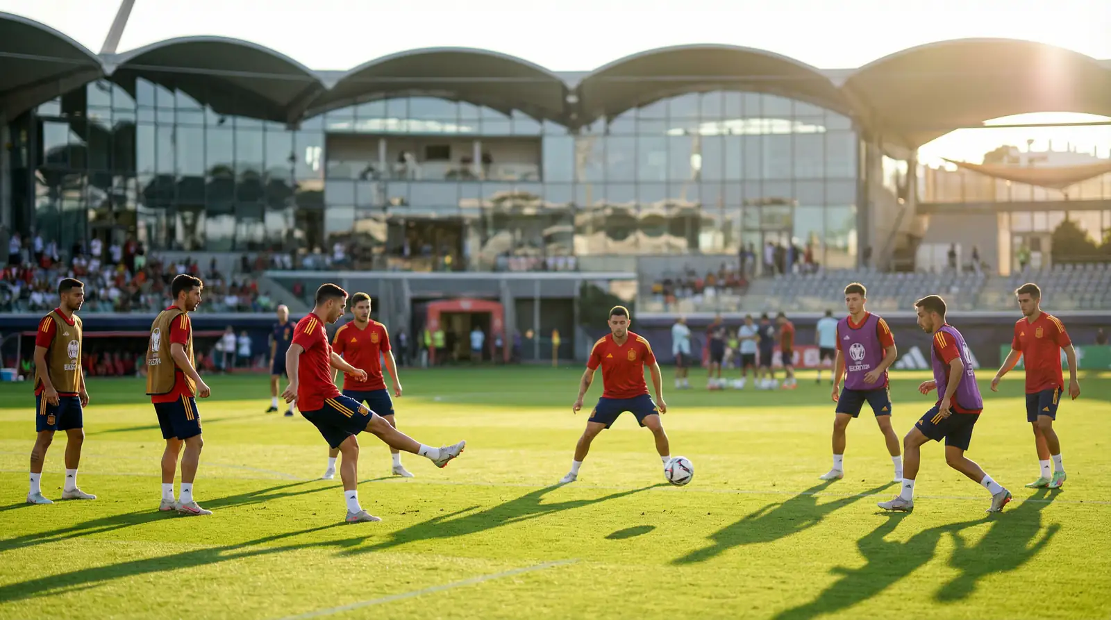 Spænska landsliðið í rauðum treyjum fagnar sigri á Evrópumeistaramótinu 2024